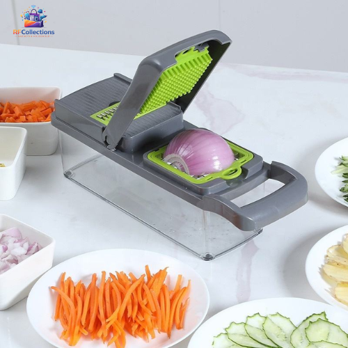 16-in-1 multifunction vegetable chopper and slicer with interchangeable blades, storage container, and food dicing accessories.