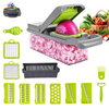 16-in-1 multifunction vegetable chopper and slicer with interchangeable blades, storage container, and food dicing accessories.