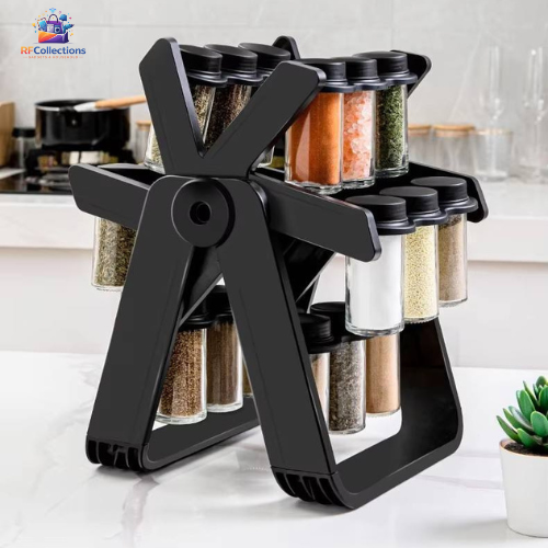 Buy 360° rotating spice rack with 18 glass jars. Space-saving kitchen organizer with airtight containers for herbs and seasonings.