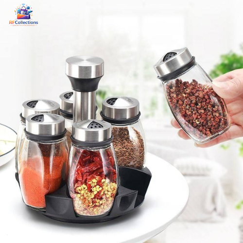 360 rotating spice rack with 6 glass seasoning bottles for kitchen organization
