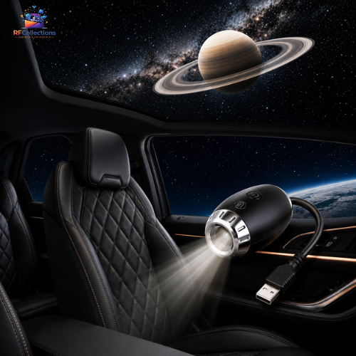 USB car starry sky projector lamp creating galaxy and space lighting inside a car interior for ambient night lighting and decoration.