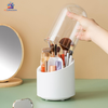 Covered rotating makeup brush holder with dustproof transparent lid and multi-compartment cosmetic organizer