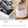 Covered rotating makeup brush holder with dustproof transparent lid and multi-compartment cosmetic organizer