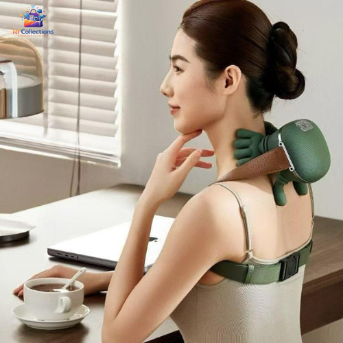 Intelligent neck and shoulder massager with heat therapy, deep tissue finger kneading massage, USB rechargeable wearable design for muscle relaxation and pain relief.