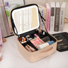Portable LED makeup storage bag with illuminated mirror, adjustable compartments, large cosmetic organizer case for travel, skincare, and beauty accessories.