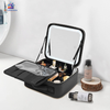 Portable LED makeup storage bag with illuminated mirror, adjustable compartments, large cosmetic organizer case for travel, skincare, and beauty accessories.