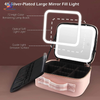 Portable LED makeup storage bag with illuminated mirror, adjustable compartments, large cosmetic organizer case for travel, skincare, and beauty accessories.
