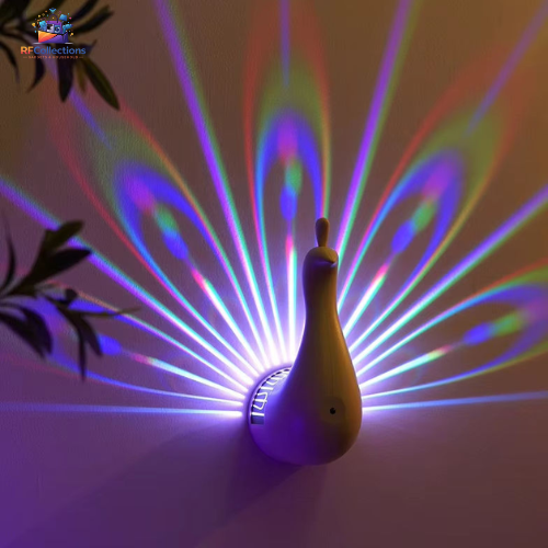 Peacock RGB projection night light with remote control, 9 lighting modes, colorful wall projector lamp for bedroom, kids' room, ambient lighting, and home décor.