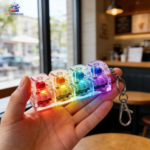 RGB mechanical keyboard switch keychain with LED lights, clicky mechanical keys, and durable keyring for gamers and keyboard enthusiasts.