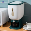 Large capacity rice and grain storage dispenser container with measuring cup for rice, cereals, beans, flour, and pet food storage.