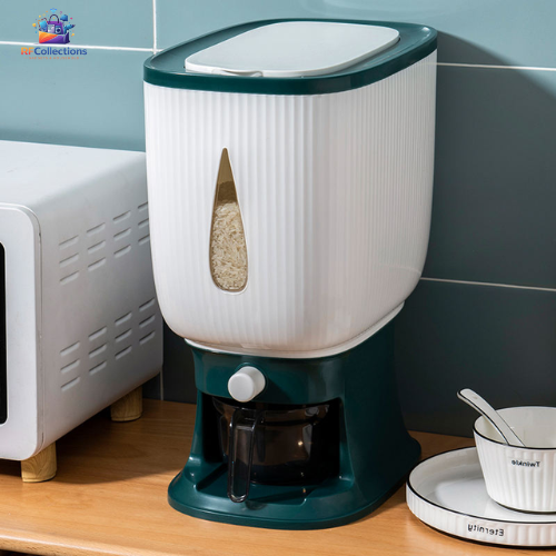 Large capacity rice and grain storage dispenser container with measuring cup for rice, cereals, beans, flour, and pet food storage.