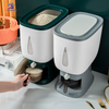 Large capacity rice and grain storage dispenser container with measuring cup for rice, cereals, beans, flour, and pet food storage.