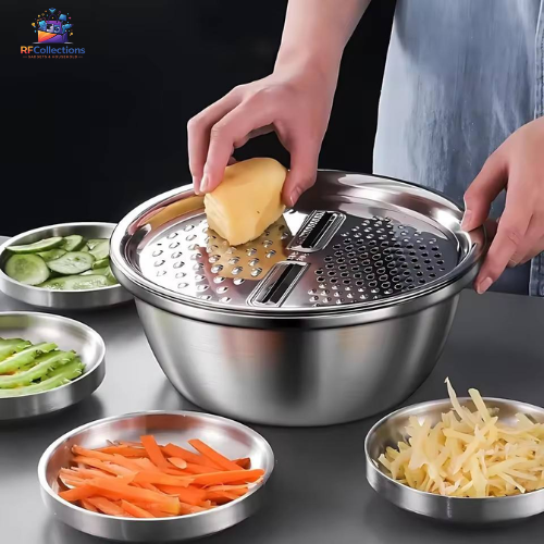 Set of 3 stainless steel multifunctional colanders with mixing bowls and grater lid for washing vegetables, draining pasta, slicing, and food preparation.