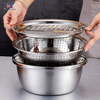 Set of 3 stainless steel multifunctional colanders with mixing bowls and grater lid for washing vegetables, draining pasta, slicing, and food preparation.