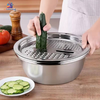 Set of 3 stainless steel multifunctional colanders with mixing bowls and grater lid for washing vegetables, draining pasta, slicing, and food preparation.