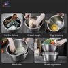 Set of 3 stainless steel multifunctional colanders with mixing bowls and grater lid for washing vegetables, draining pasta, slicing, and food preparation.