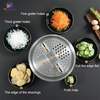 Set of 3 stainless steel multifunctional colanders with mixing bowls and grater lid for washing vegetables, draining pasta, slicing, and food preparation.