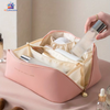 Large capacity travel makeup and cosmetic storage bag with compartments, waterproof PU leather design and portable handle for beauty essentials storage.